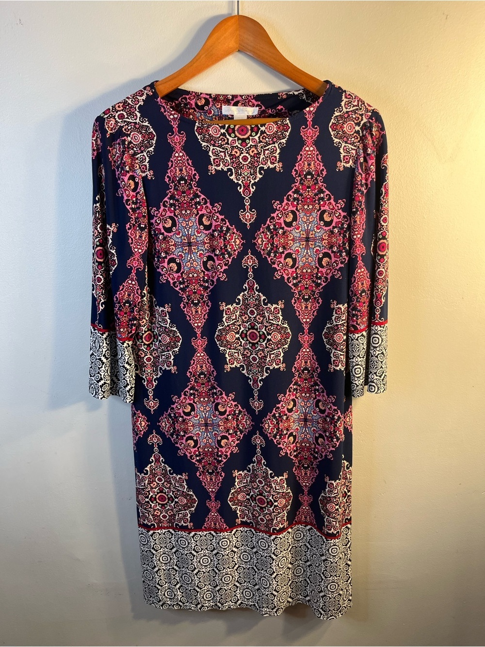 London Times Navy and Pink Medallion Print Midi Sheath Dress 3/4 Sleeve Size 14